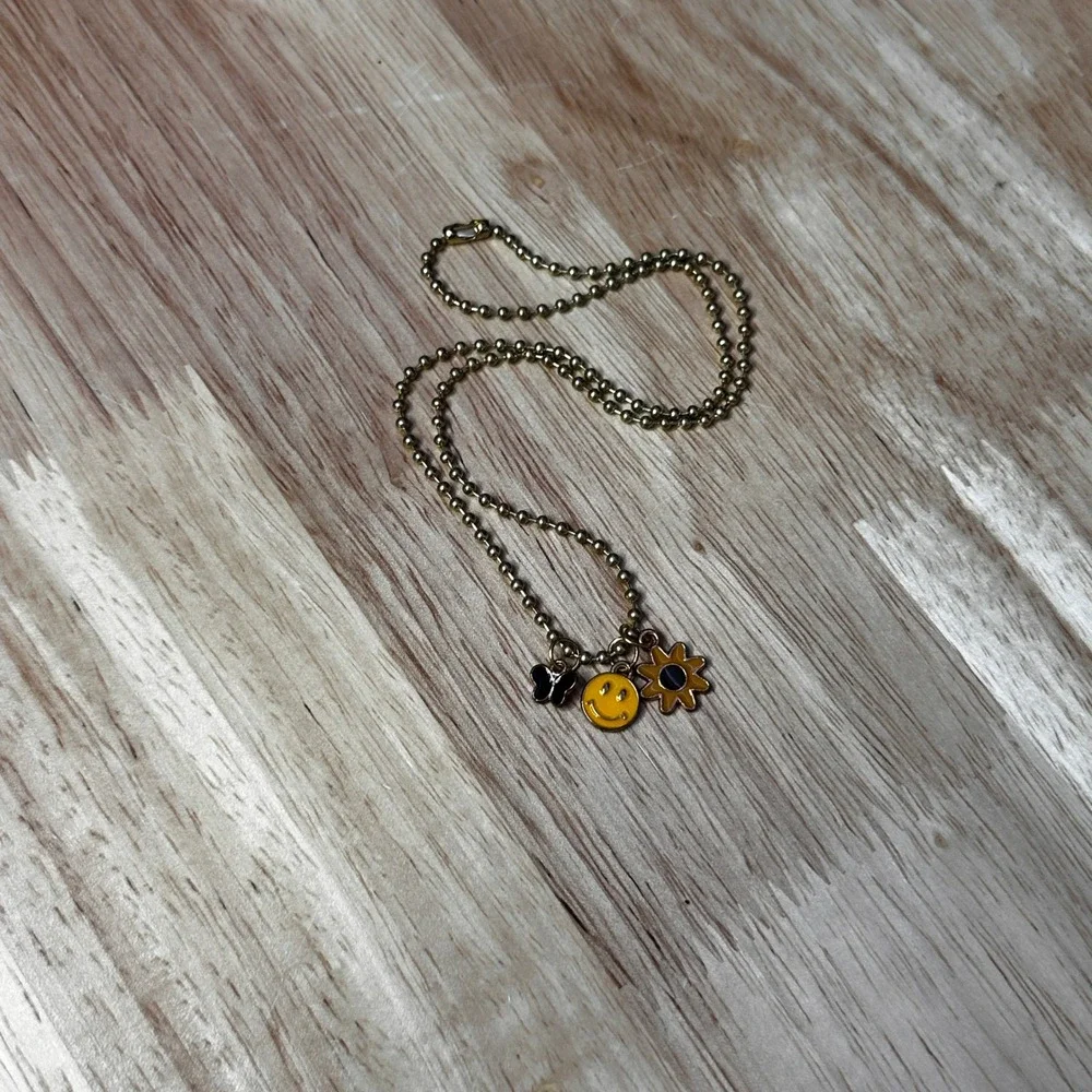 Kids Gold Tone Ball Chain Necklace Smiley Face Sunflower Butterfly Charms 17in
